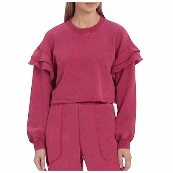 7 For All Mankind Raspberry Ruffle Cropped Top Sweatshirt Crewneck Sz L NWT - Picture 1 of 7